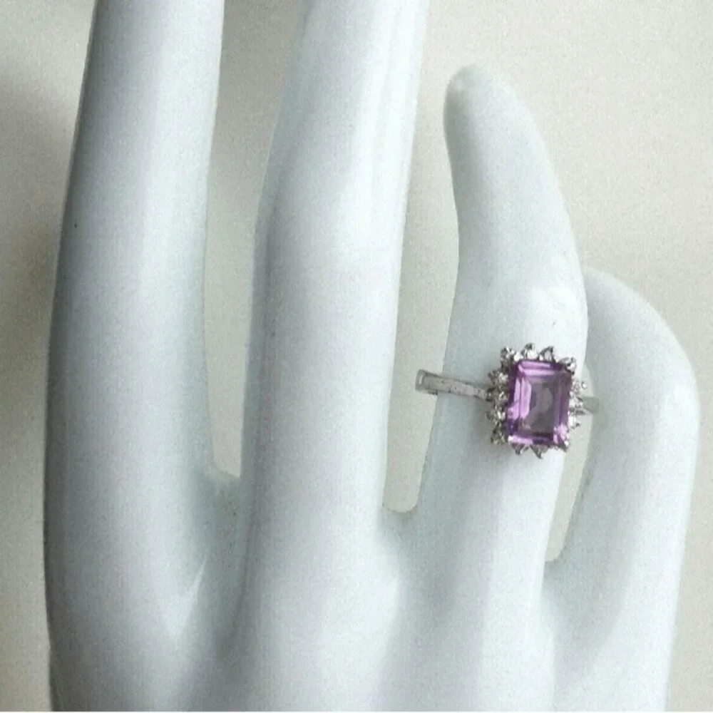 Amethyst White Topaz Halo Ring Sterling Silver Size 6
